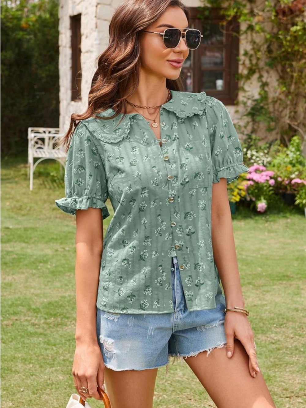 Ecowish Sage Green Floral Puff-Sleeve Button Front Blouse - Picture 13 of 16